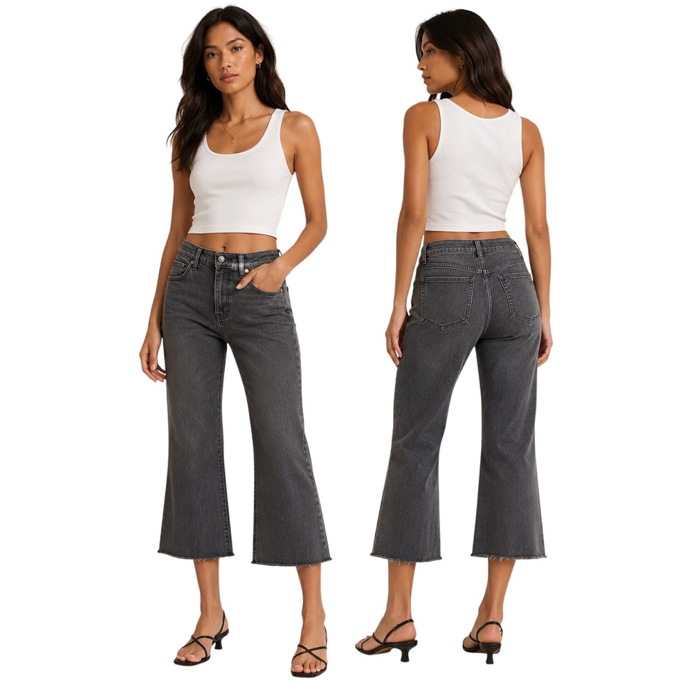 Tory Burch Cats Meow Cropped Flare Jeans 29 Gray Washed Denim Raw Hem Retro Chic